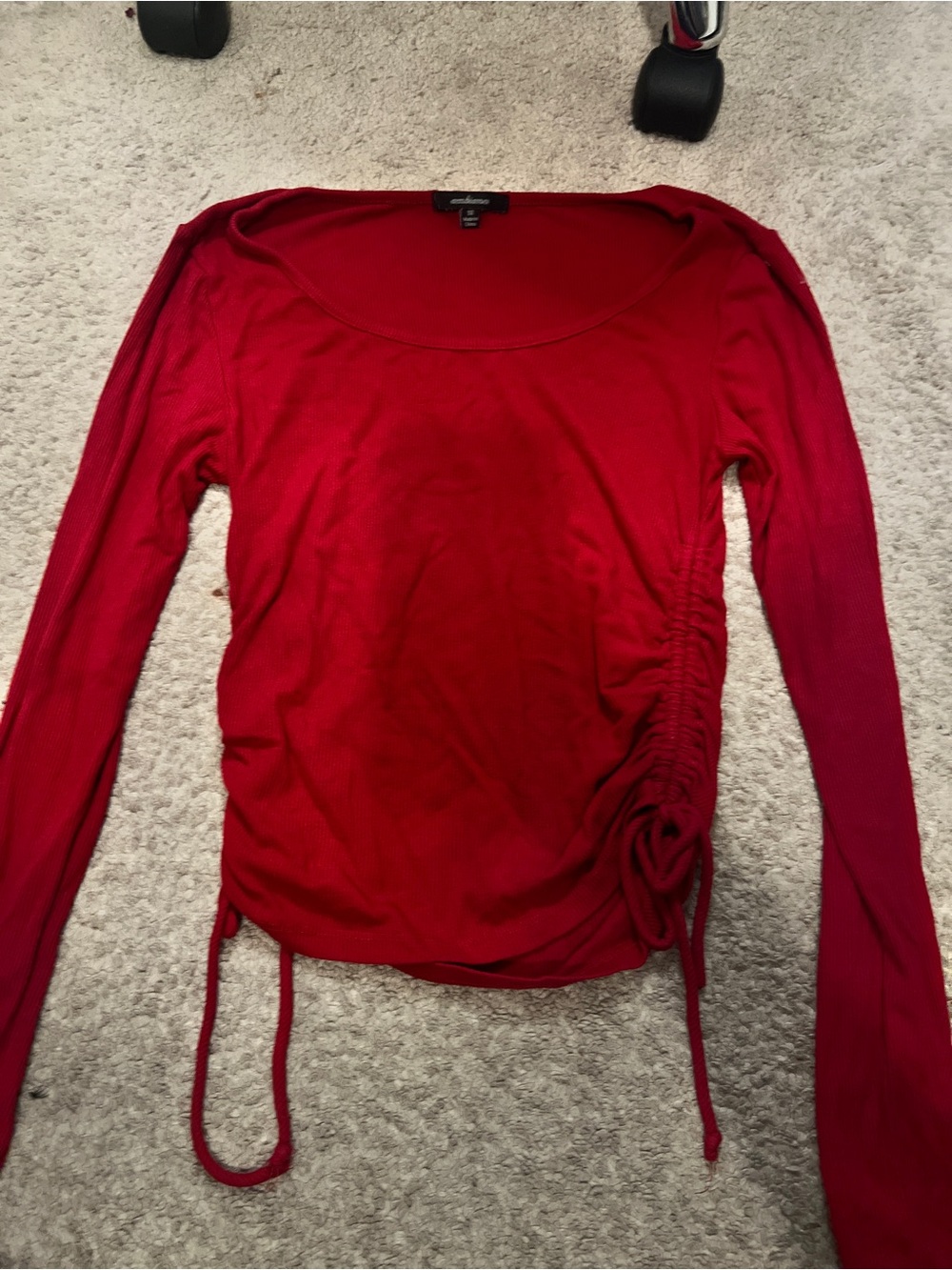 Ambiance Red Long Sleeve Scoop Neck Ruched Side Top